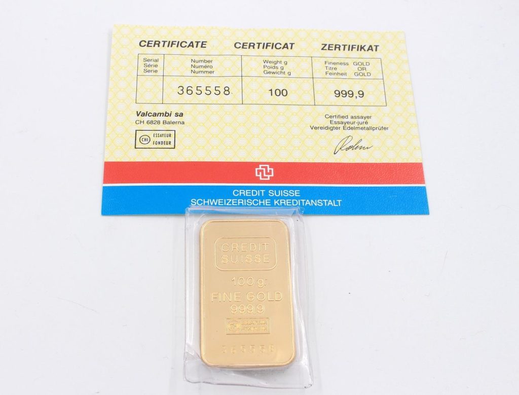Credit Suisse 100g 24k guldtacka 999,9 fine gold.
